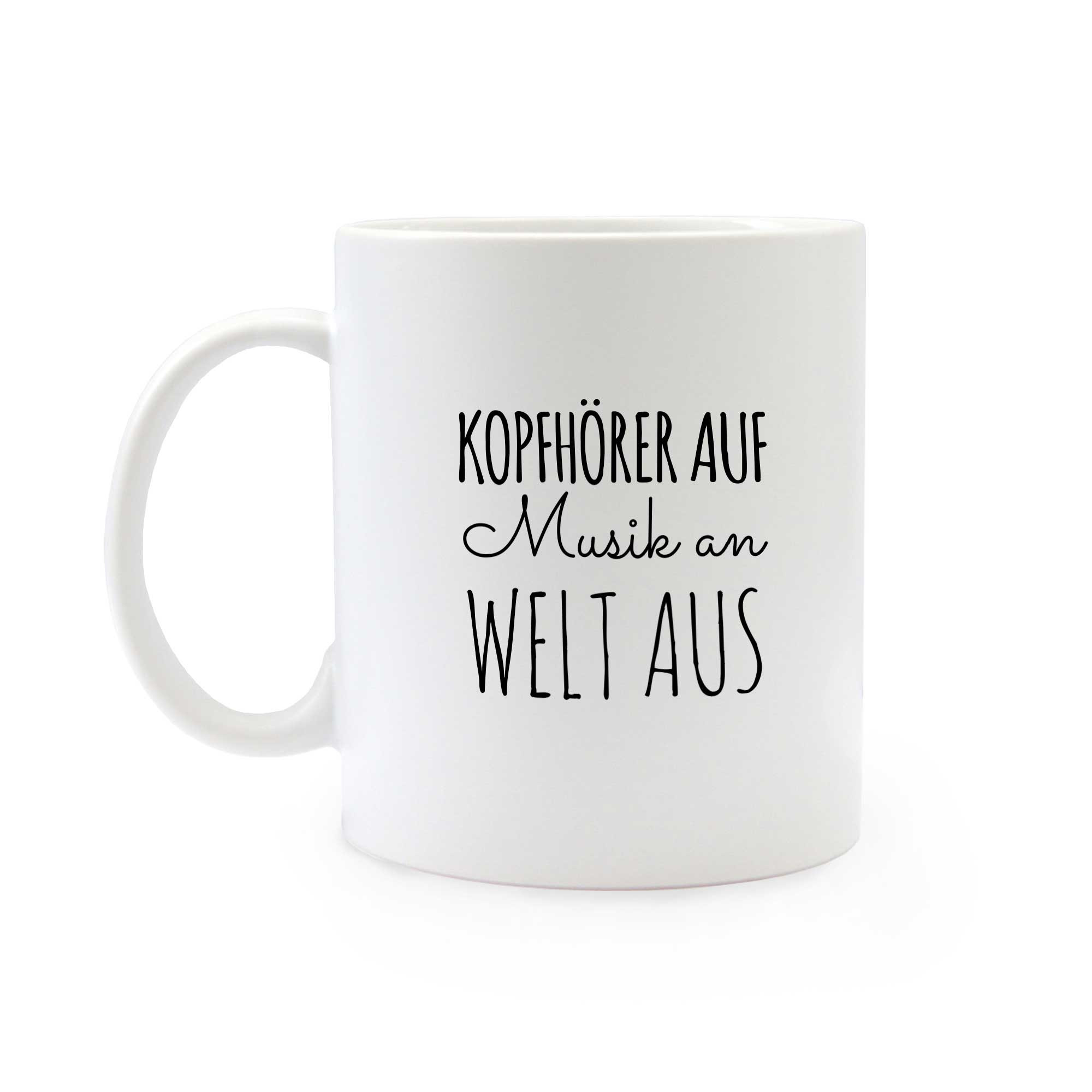 Tasse Eule mit Kopfhörer und Spruch Kopfhörer auf Musik an Welt aus