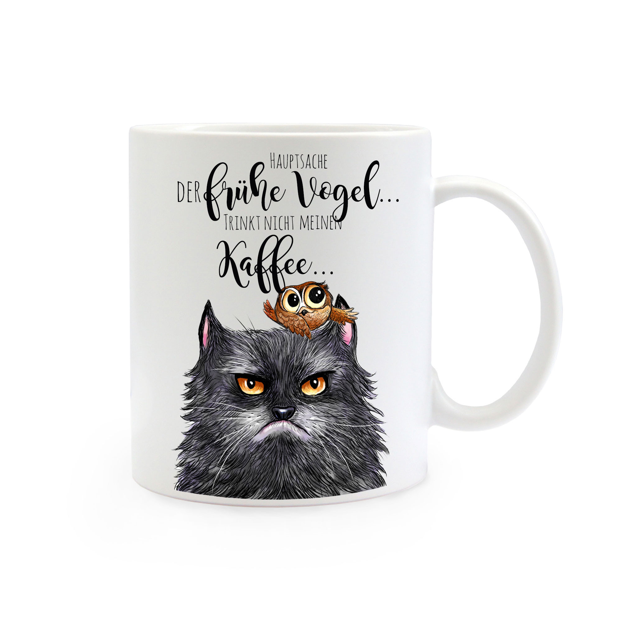 Tasse Becher Grimmige Katze Und Eule Mit Spruch Der Fruhe Vogel Ts359 Wandtattoos Elfentur Tassen