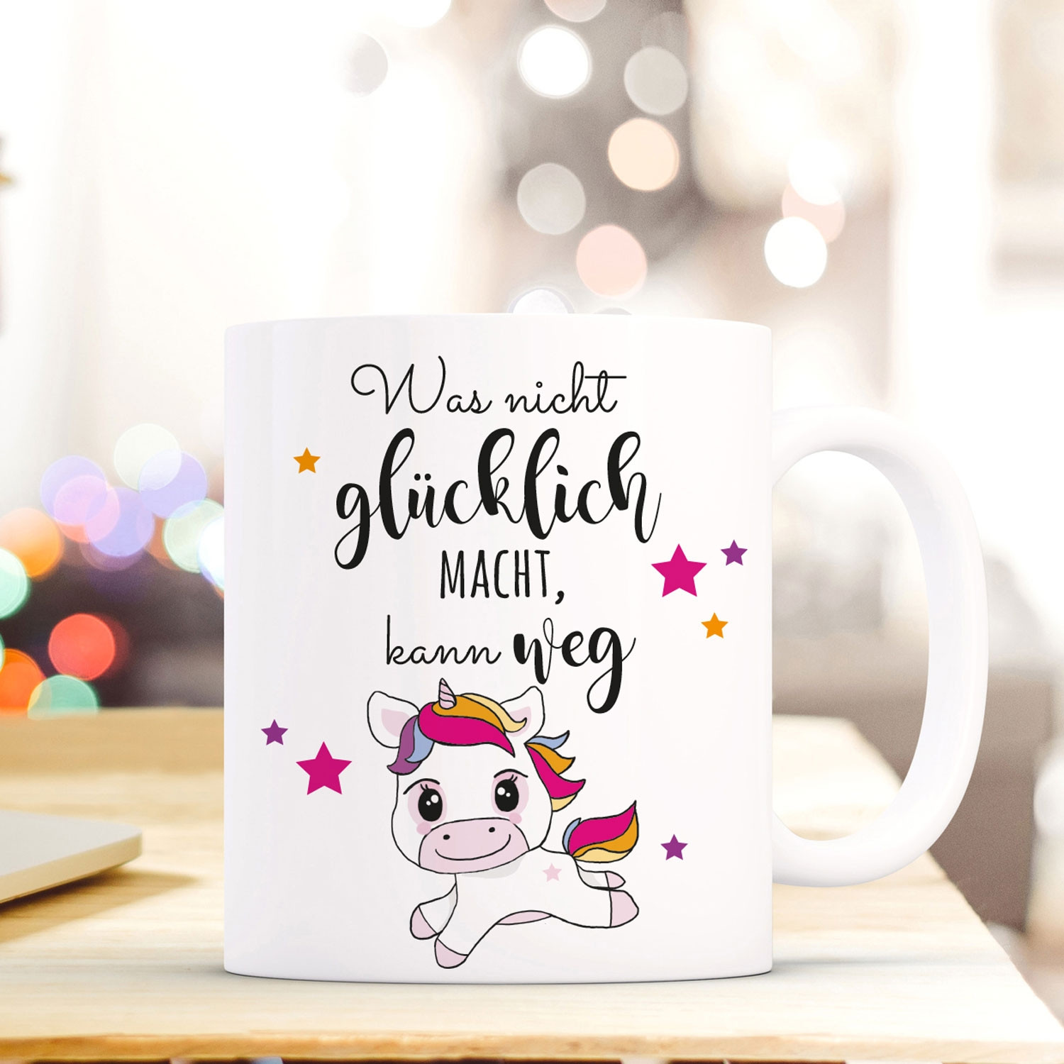 Tasse Becher Kaffeetasse Kaffeebecher Einhorn Sterne & Spruch Was nicht