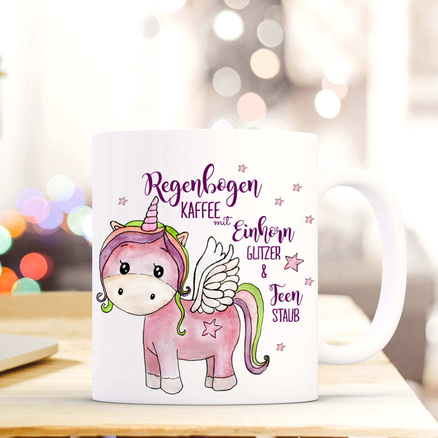 Tasse Becher Einhorn mit Spruch Regenbogen Kaffee, Einhorn Glitzer
