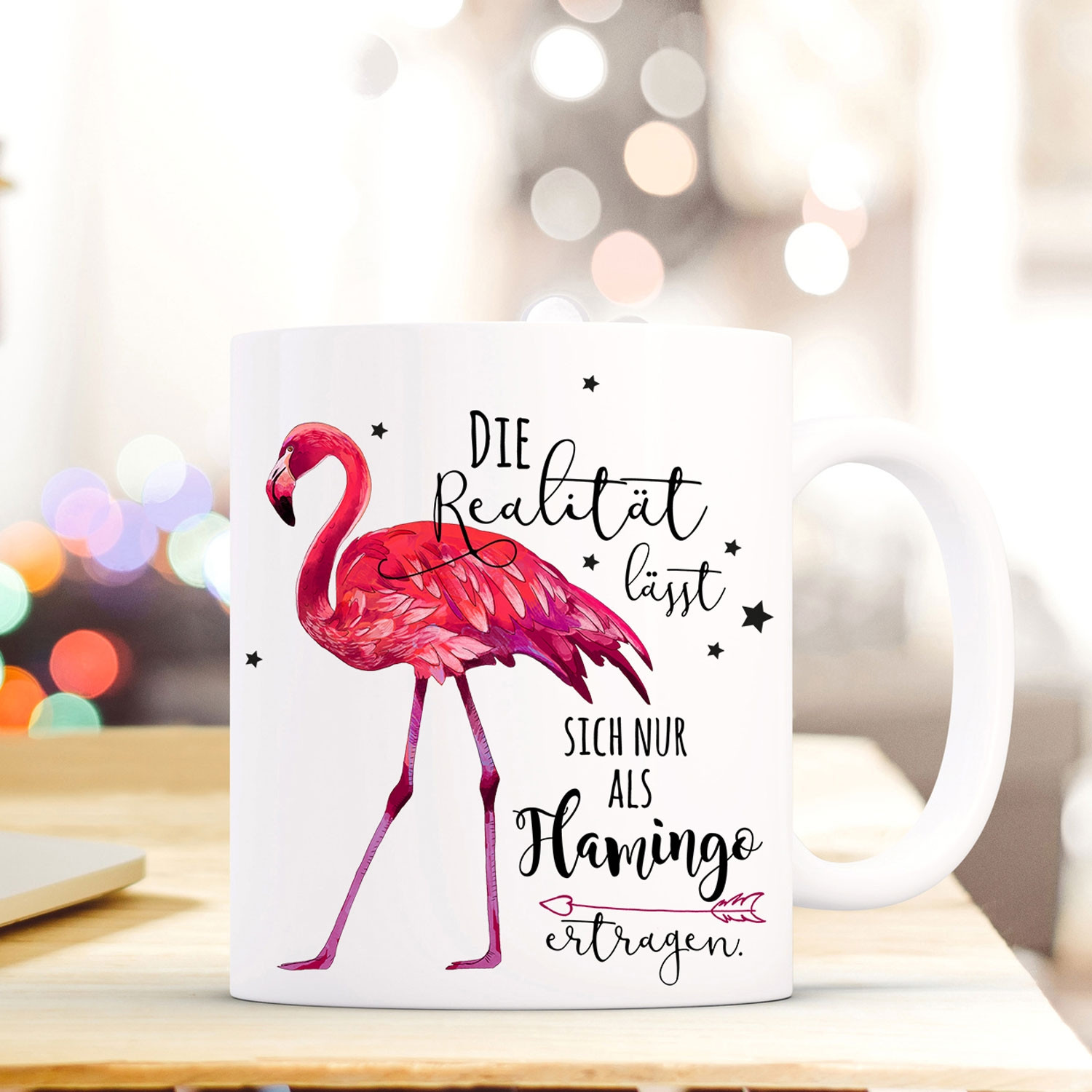 Tasse Becher Kaffeebecher mit Flamingo & Spruch Die Realität lässt