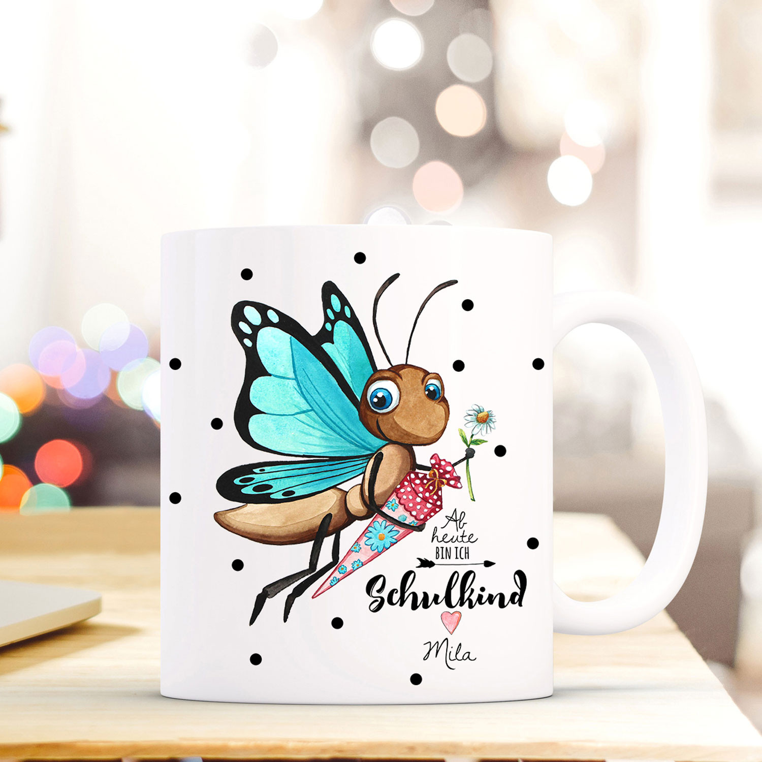 Tasse Becher Geschenk Schulstart Mit Schmetterling Zuckertute Punkte Spruch Schulkind Mit Name Wunschnamen Ts717 Wandtattoos Elfentur Tassen