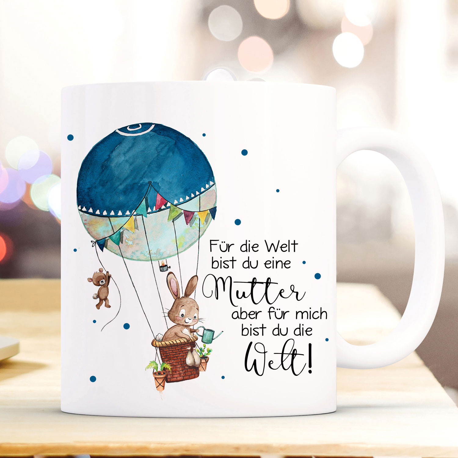 Tasse Becher Hase im Ballon & Spruch Mutter für mich bist du die Welt