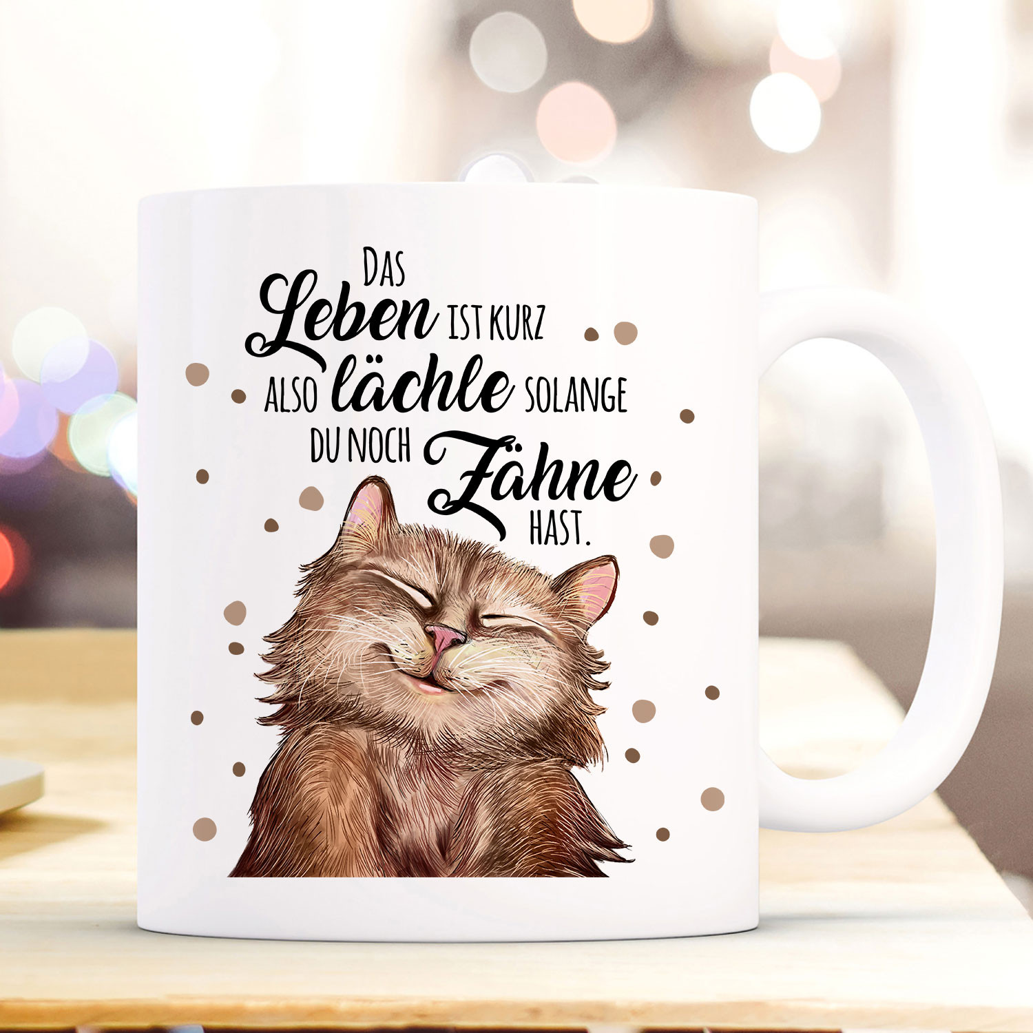Tasse Becher Motiv mit Katze Kater & Spruch lächle solange du Zähne