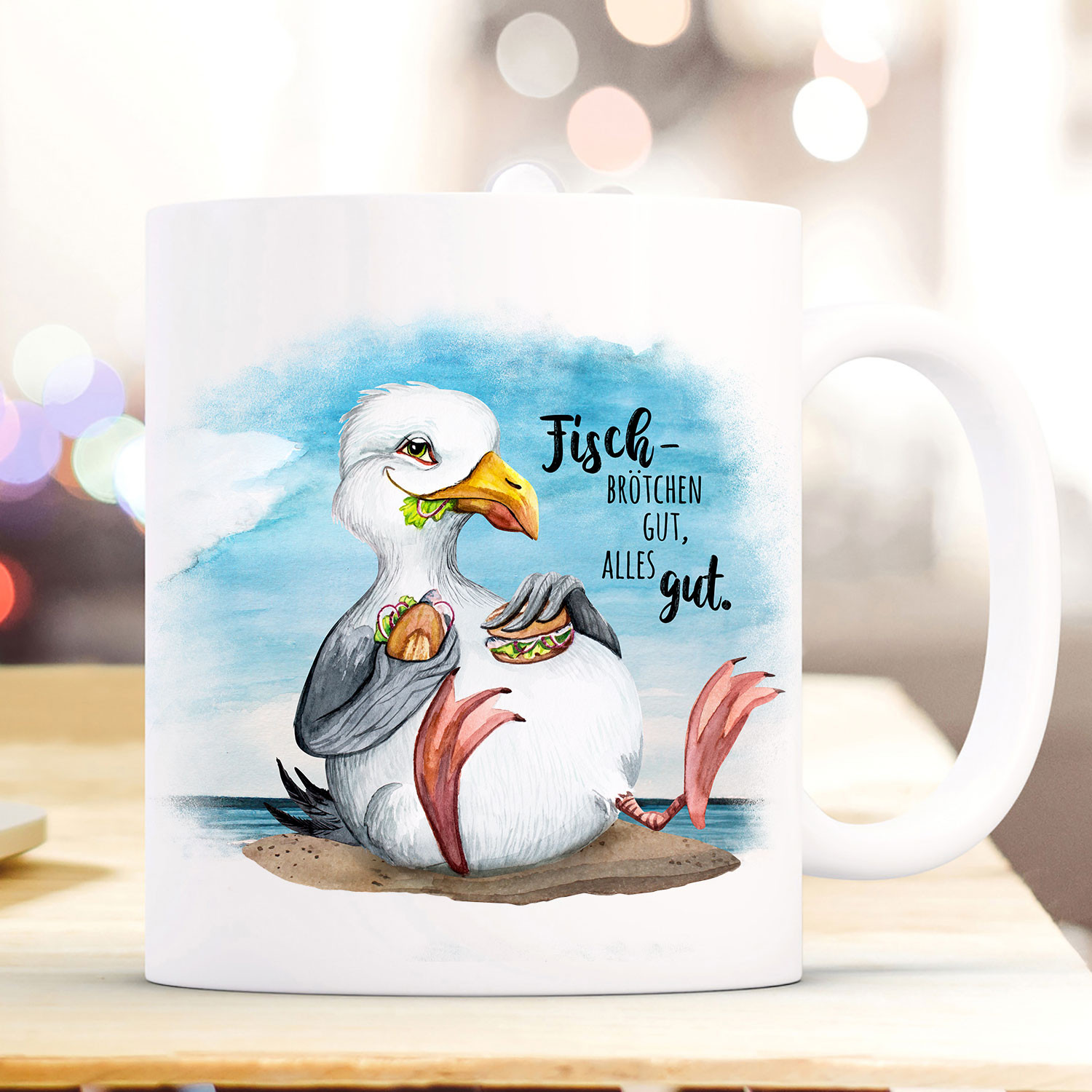 Tasse Becher Kaffeetasse Möwe Vogel Spruch Fischbrötchen gut, alles gut