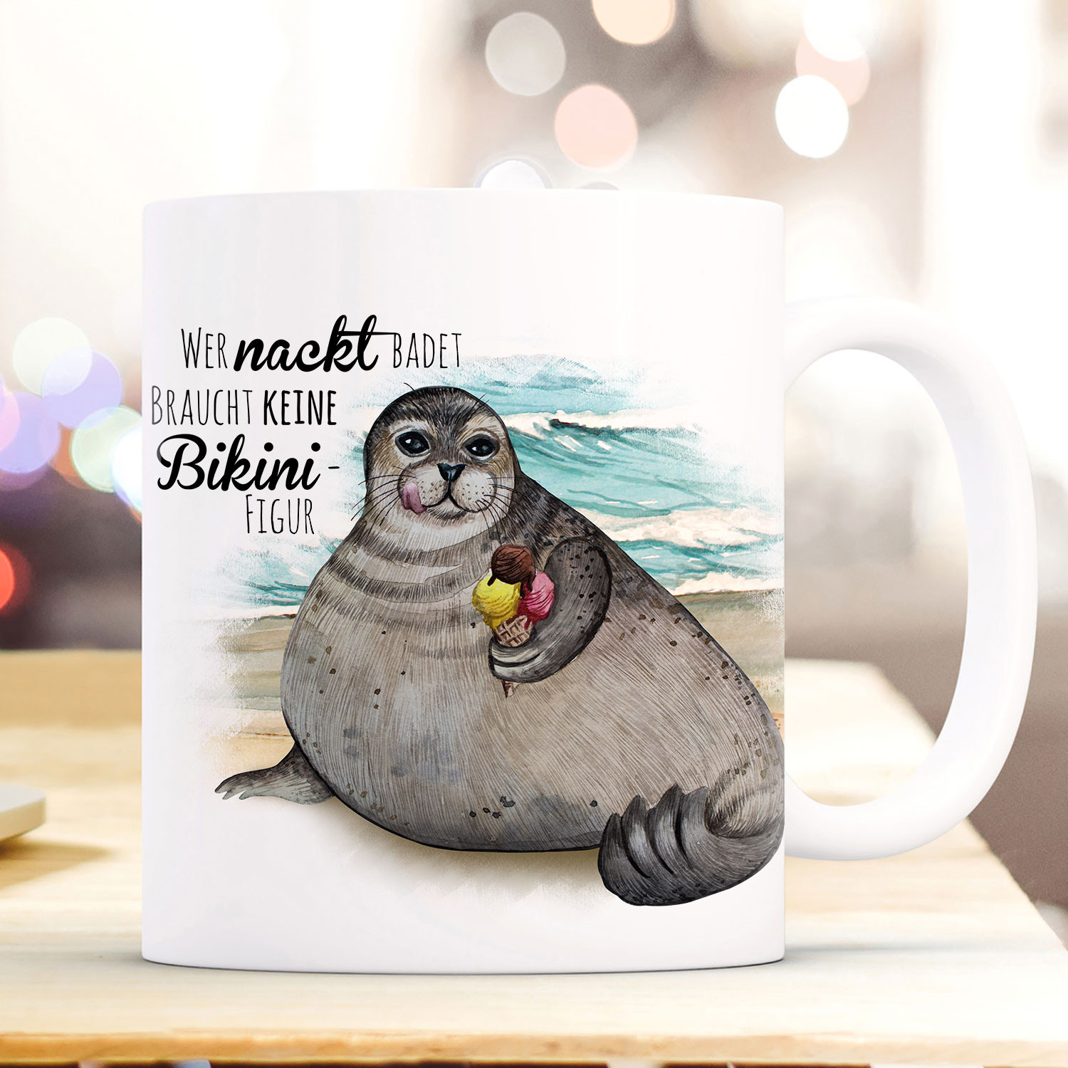 Tasse Becher Kaffeetasse Robbe Mit Eis Spruch Wer Nackt Badet Braucht Keine Bikinifigur Kaffeebecher Geschenk Spruchbecher Ts977 Wandtattoos Elfentur Tassen