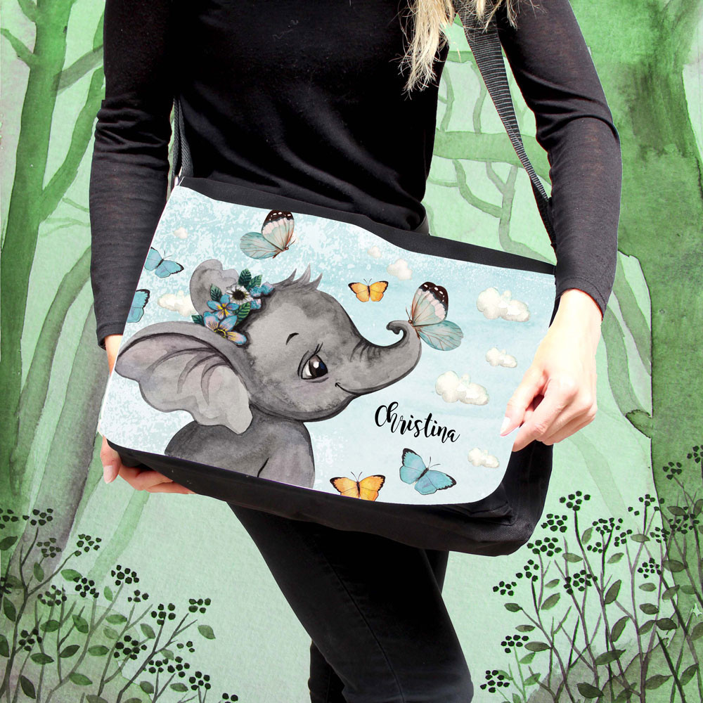 Schultertasche Mit Federmappe Set - Elefant Design Mit Wunschname Personalisiert