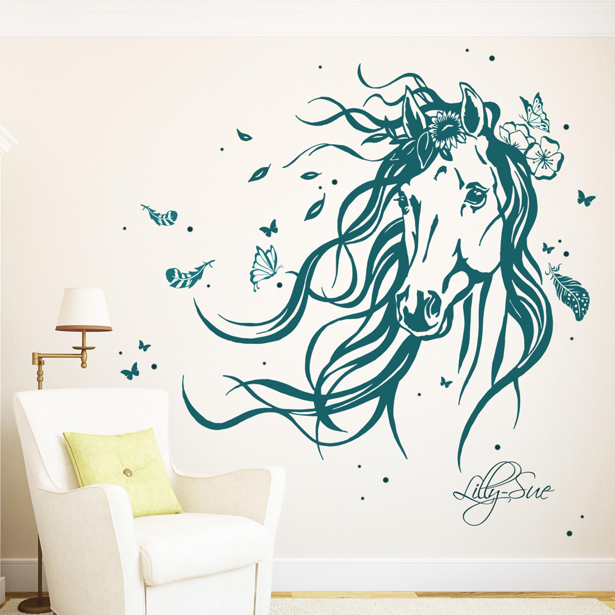 Wandtattoo Pferd Wildpferd mit Blumen Federn Schmetterlingen und