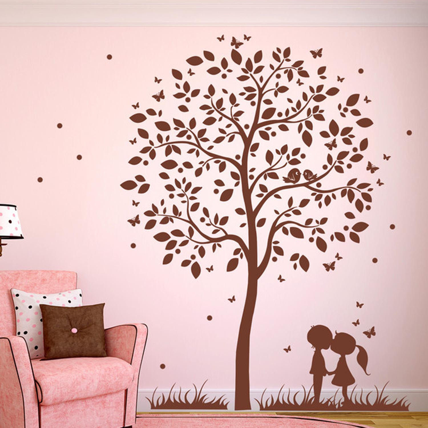 Wandtattoo Baum mit Kindern Schmetterlingen und Vögeln