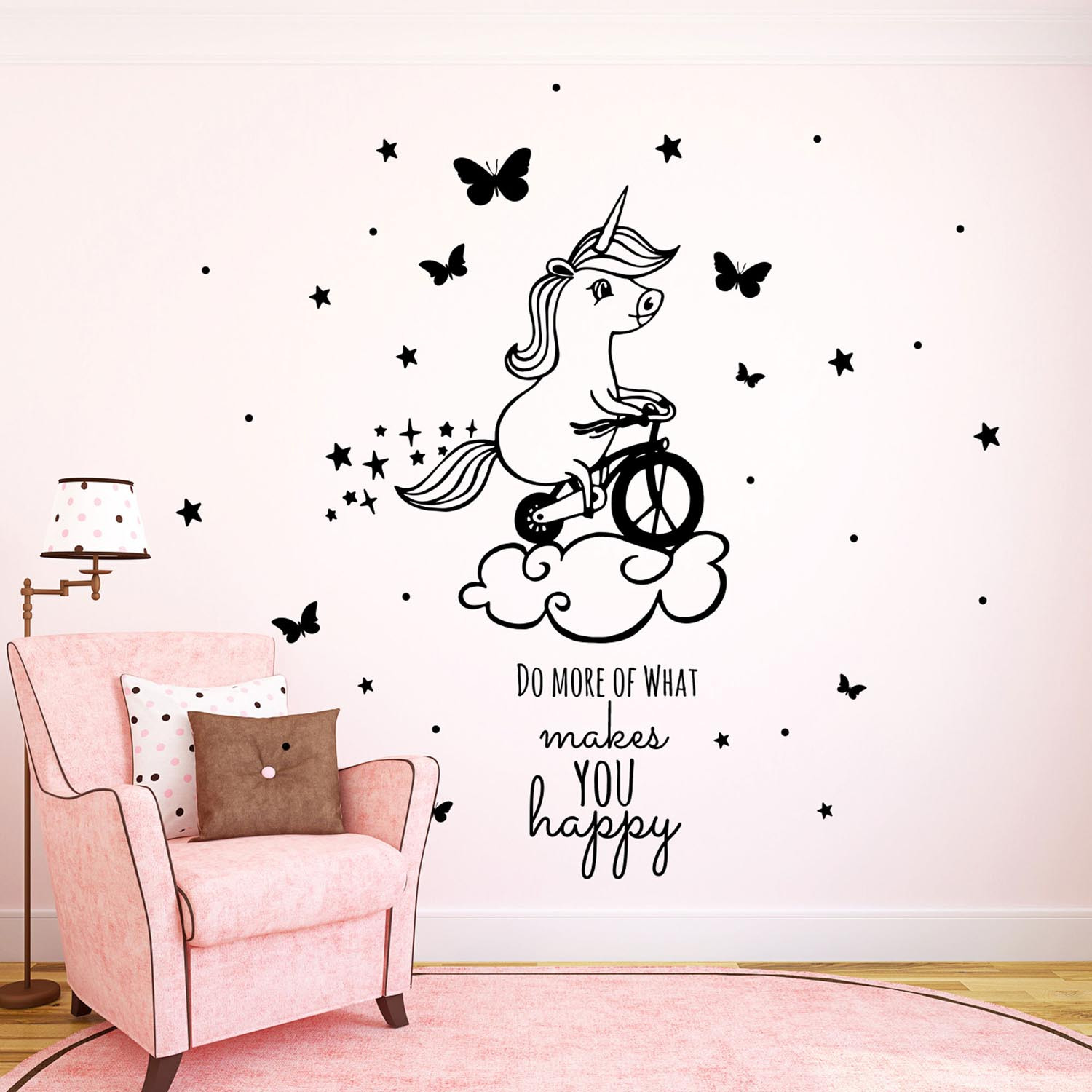 Wandtattoo Einhorn auf Rad mit Spruch do more of what makes you happy