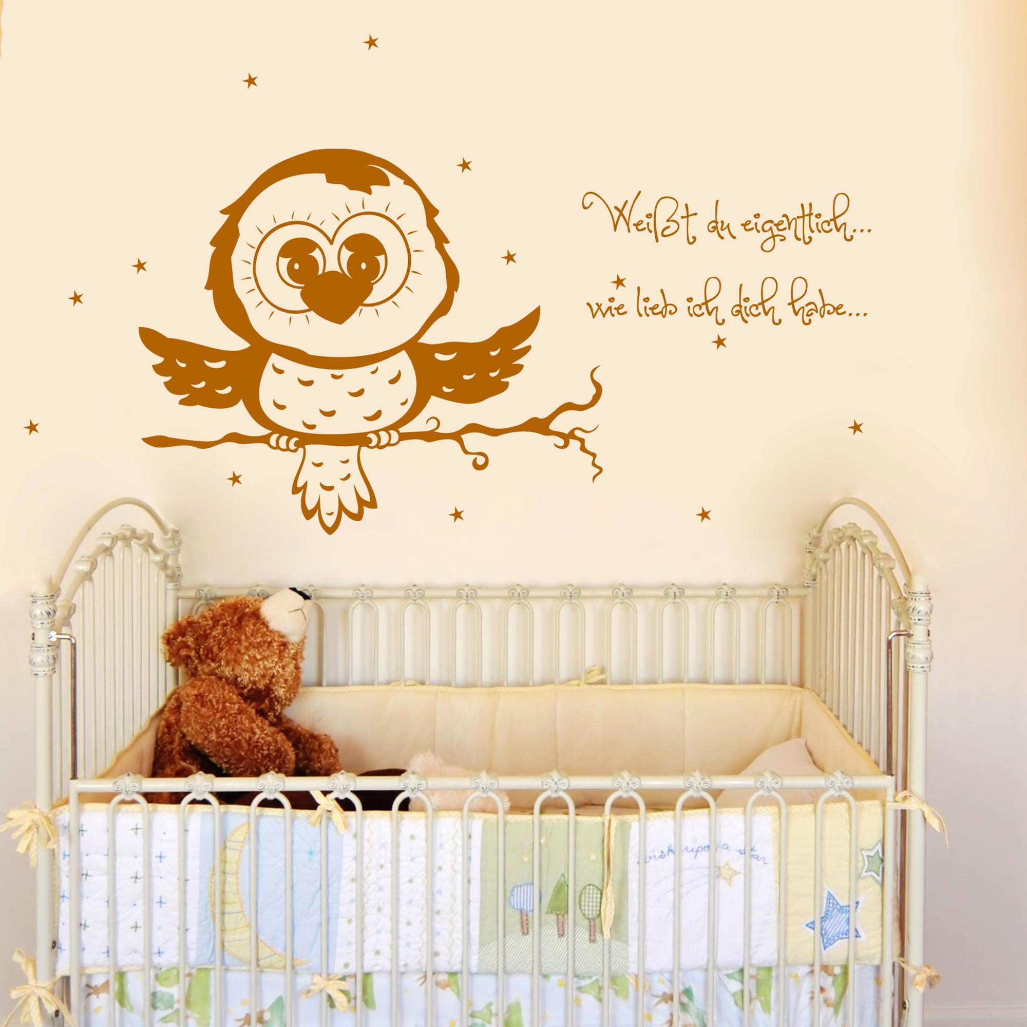 Wandtattoo Vogel Eule auf Ast mit Spruch und Sternen M669 Wandtattoos