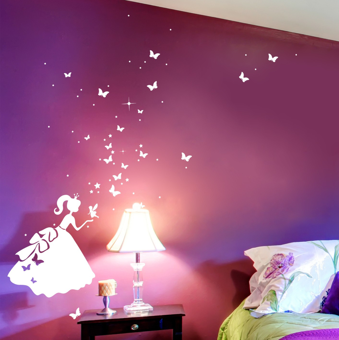 Wandtattoo Kinderzimmer, Einhorn, Schmetterlinge, Blumen