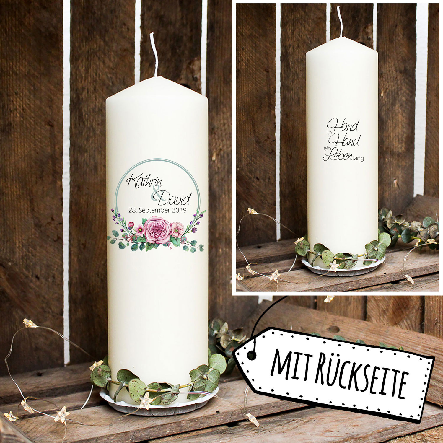 Hochzeitskerze Kerze Zur Hochzeit Trauung Traukerze Kreis Mit Rosengesteck Spruch Wunschnamen Datum Wk101 Wandtattoos Elfentur Tassen