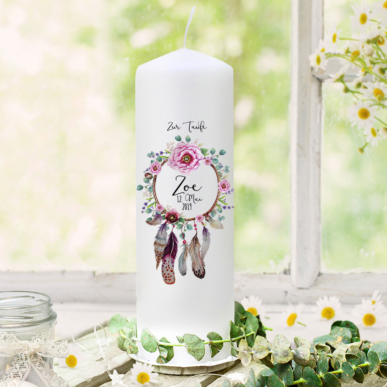 Taufkerze Kerze Zur Taufe Oder Geburt Kommunionkerze Blumenkranz Traumfanger Spruch Wunschname Datum Wk110 Wandtattoos Elfentur Tassen