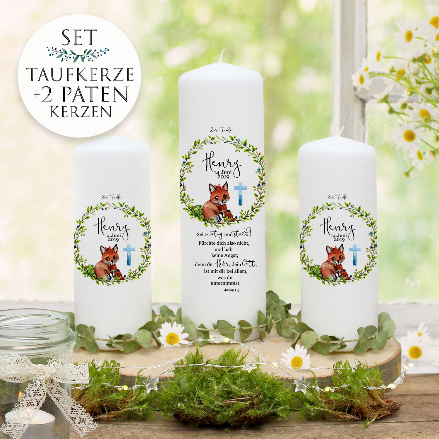 Individualisierbare Taufkerze Mit Fuchs Motiv - Handgemalt In Deutschland