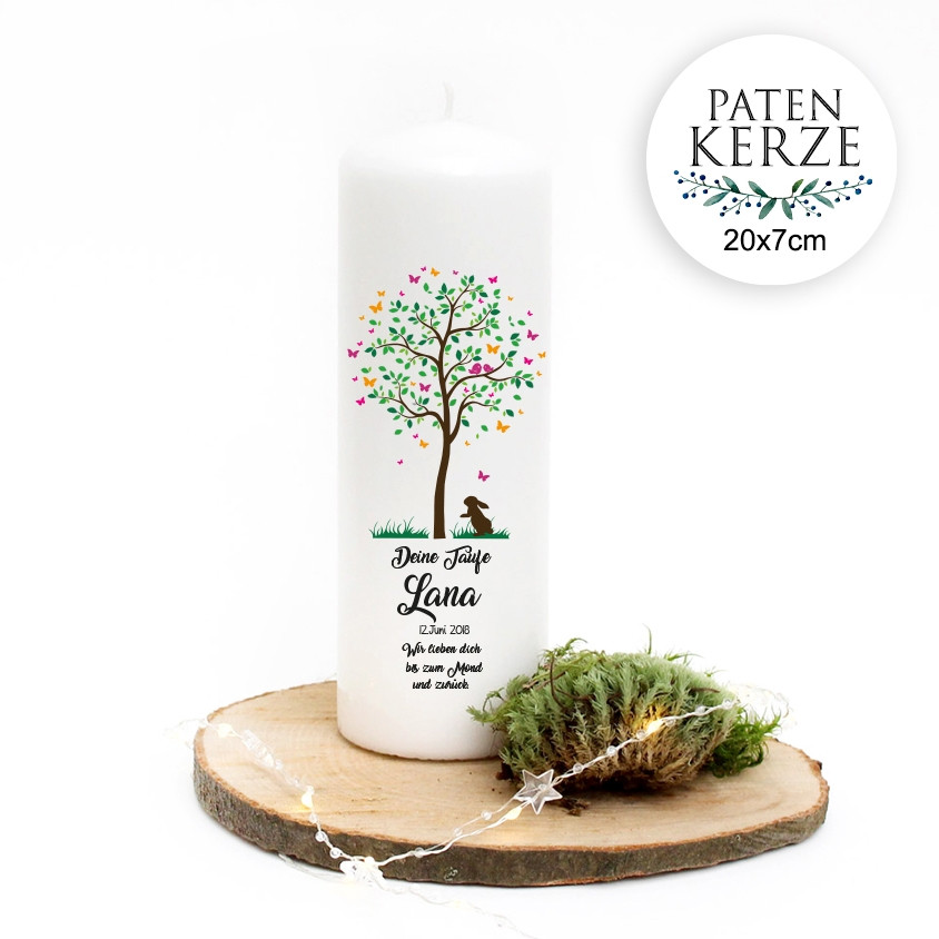 Taufkerze Patenkerze Oder Gastkerze Kerze Zur Taufe Oder Geburt Kommunionkerze Baum Mit Haschen Spruch Wunschnamen Datum Wk62 Wandtattoos Elfentur Tassen