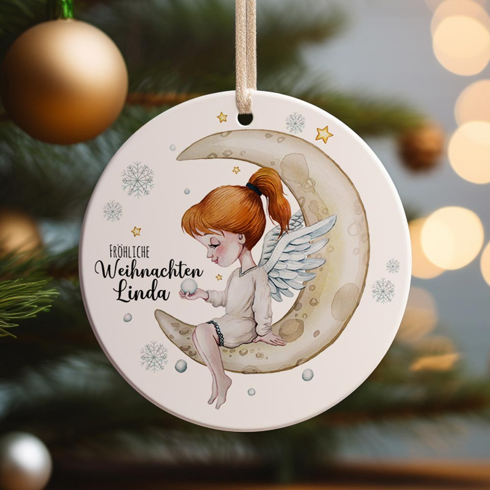 Weihnachtskugel Weihnachtsschmuck Keramik Baumanhänger Fröhliche  Weihnachten personalisiert Namen Wunschname Schutzengel Engel auf Mond  Baumkugel Geschenk wkp54 ~ Wandtattoos Elfentür, Tassen