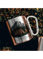 Campingbecher Edelstahl mit Karabiner Tasse Becher Kaffeebecher Camping Das Leben ist ein Abenteuer mit Zelt und Berge Motiv cb04