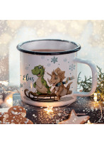Emaille Becher Camping Tasse Dinosaurier Dinos auf Schlitten mit Wunschname Name Kaffeetasse Geschenk Winter Weihnachten eb631