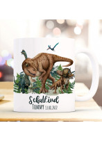 Tasse Emaille Becher zum Schulanfang Schulstart Dino Dinos Dinosaurier T-Rex Triceratops Brontosaurus Name + Datum der Einschulung Kaffeebecher Geschenk Bundle67 ts2107 eb684