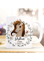 Tasse Emaille Becher zum Schulanfang zur Einschulung Pferd Stute braun Kranz Spruch Schulkind Wunschname Datum Geschenk Bundle81 ts2129 eb694