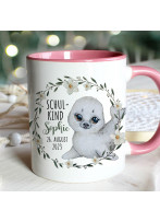 Tasse Emaille Becher zum Schulanfang zur Einschulung Seehund Robbe weiß Blumen Kranz Spruch Schulkind Wunschname Datum Geschenk Bundle84 ts2132 eb697