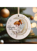 Weihnachtskugel Weihnachtsschmuck Keramik Baumanhänger Fröhliche Weihnachten personalisiert Namen Wunschname Schutzengel Engel auf Mond Baumkugel Geschenk wkp54