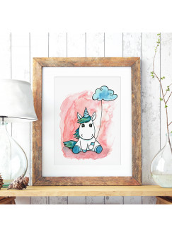 A3 Print Illustration Einhornposter Einhornplakat Poster Plakat kleines junges Einhorn Babyeinhorn mit Wolke A3 Print illustration unicorn poster unicorn placard little unicorn with cloud p73