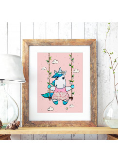 A3 Print Illustration Einhornposter Einhornplakat Poster Plakat mit Einhorn Mädchen kleines Einhorn auf Schaukel A3 Print illustration unicorn poster unicorn girl placard with little unicorn on swing p74