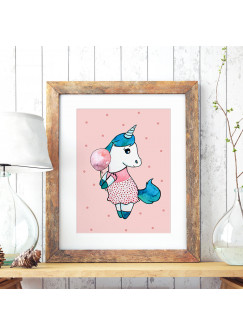 A3 Print Illustration Einhornposter Einhornplakat Poster Plakat mit Einhorn Mädchen kleines Einhorn mit Luftballon A3 print illustration unicorn poster unicorn placard with unicorn girl little unicorn with balloon p75