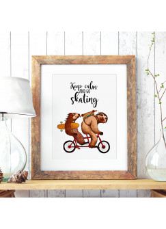 A3 Print Illustration Poster Plakat Faultierplakat Faultiere auf Fahrrad mit Skateboards Longboards und Spruch Keep calm and go skating A3 Print illustration poster placard sloth placard sloths on bicycle with skateboards longboards and quote saying keep 