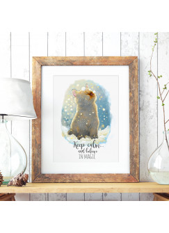 A3 Print Illustration Poster Plakat Katzenplakat Katzenposter Katze Kätzchen im Winter mit Schnee Schneeflocken und Spruch keep calm and believe in magic A3 print illustration poster placard cat in winter with snow flakes and quote saying keep calm and be