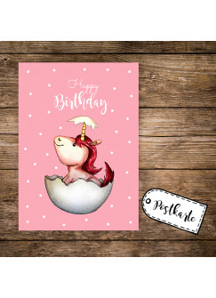 A6 Postkarte Grußkarte Karte Print Illustration geschlüpftes Baby Einhorn mit Spruch Happy Birthday pk85