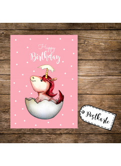 A6 Postkarte Grußkarte Karte Print Illustration geschlüpftes Baby Einhorn mit Spruch Happy Birthday A6 postcard greeting card print illustration print hatched baby unicorn with saying happy birthday pk85