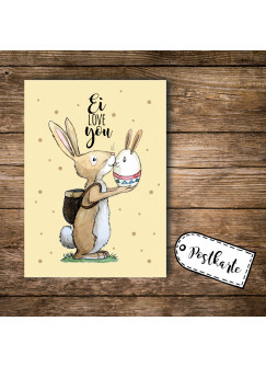 A6 Postkarte Osterkarte Print Hase Osterhase mit Spruch Ei love you pk100