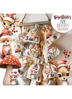 Adventskalender A3 und A4 Bügelbilder Bügelpatch Patches Motiv Tiere mit Mütze Winter Weihnachten Weihnachtsmotive zum Aufbügeln ad08