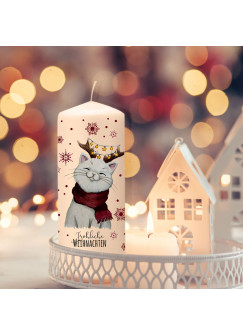 Adventskerze Kerze Advent Winter Katze Kätzchen mit Geweih Spruch Fröhliche Weihnachten Deko Geschenk ak15