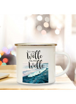 Emaille Becher Camping Tasse Meer & Surfer mit Spruch Motto Wo ein Wille da eine Welle Kaffeetasse Zitat Geschenk eb156