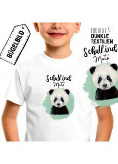 Bügelbilder zum Schulanfang Panda Bär & Wunschname Schulkind Applikation Kissen Shirt Taschen Bügelbild Patch in A5 bb176