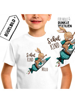 Bügelbilder zum Schulstart Hase auf Raketenschultüte & Wunschname Schulkind Applikation Kissen Shirt Taschen Bügelbild Patch in A5 bb182