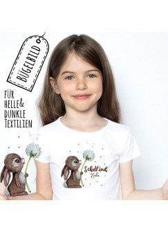 Bügelbilder zum Schulstart Hase mit Pusteblume & Wunschname Schulkind Applikation Kissen Shirt Taschen Bügelbild Patch in A5 bb186