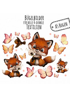 Bügelbilder Fuchs Füchslein Pusteblume Schmetterlinge Set in A5 Applikation Kissen Shirt Taschen Bügelbild Bügelmotiv Patch Aufbügelbilder bb208