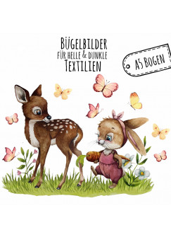 Bügelbilder Hase Häschen Reh Schmetterlinge Set in A5 Applikation Kissen Shirt Taschen Bügelbild Bügelmotiv Patch Aufbügelbilder bb209