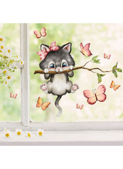 Fensterbild Katze Kätzchen auf Ast Schmetterlinge wiederverwendbar Fensterdeko Fensterbilder Frühling Deko Dekoration bf137