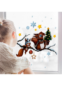 Fensterbild Weihnachtsdeko Weihnachten Eichhörnchen auf Ast Sterne wiederverwendbar Fensterdeko Winter Fensterbilder Kinder Zimmer bf143