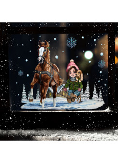Fensterbild Weihnachtsdeko Weihnachten Mädchen mit Pferdeschlitten wiederverwendbar Fensterdeko Winter Fensterbilder Kinder Zimmer bf160