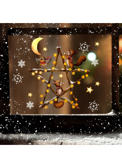 Fensterbild Weihnachtsdeko Weihnachten Weihnachtsstern Eichhörnchen Schneeflocken Sterne wiederverwendbar Winter Fensterdeko Fensterbilder Kinder Zimmer bf191