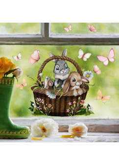 Fensterbild Hase Hasen Maus im Korb Blumenwiese Schmetterlinge wiederverwendbar Fensterdeko Fensterbilder Ostern Frühling Deko Dekoration für Kinder bf192