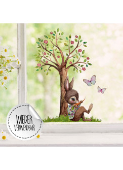 Fensterbild Hase mit Baum & Schmetterlinge -WIEDERVERWENDBAR- Fensterdeko Fensterbilder bf25