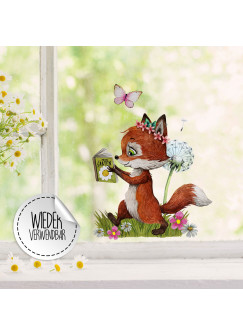 Fensterbild Fuchs Füchschen mit Buch Pusteblume Schmetterling -WIEDERVERWENDBAR- Fensterdeko Fensterbilder Frühlingsdeko Deko Dekoration bf35